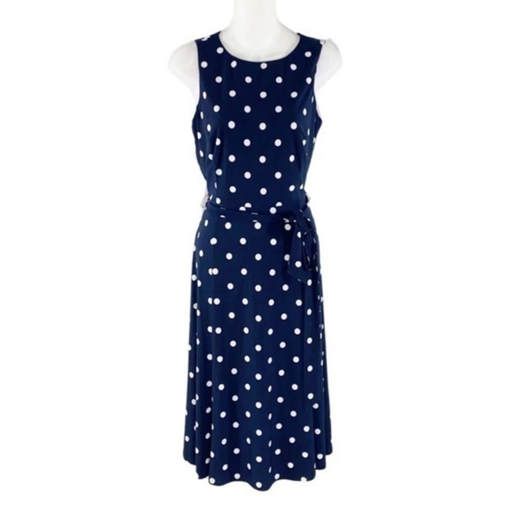 Anne Klein navy white polka dot belted midi dress W6